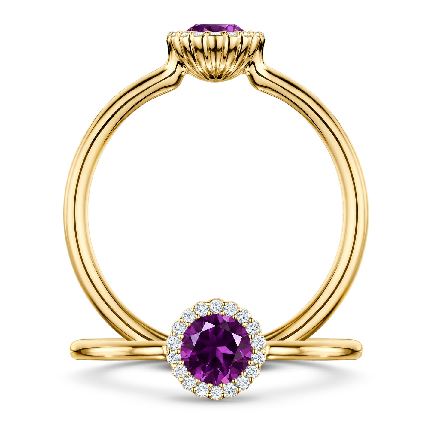 Violette Amethyst Ring with white Diamond halo in 18ct Yellow Gold, front and side views