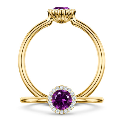 Violette Amethyst Ring with white Diamond halo in 18ct Yellow Gold, front and side views