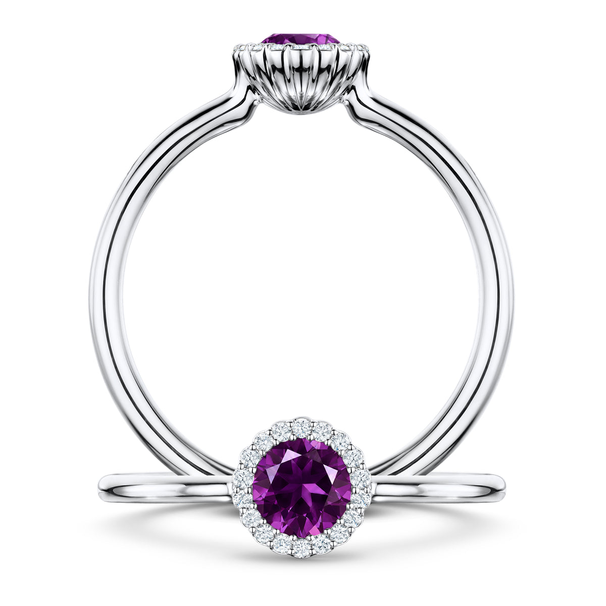 Violette Amethyst Ring with white Diamond halo in Platinum, front and side views