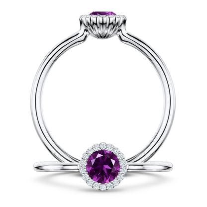Violette Amethyst Ring with white Diamond halo in Platinum, front and side views