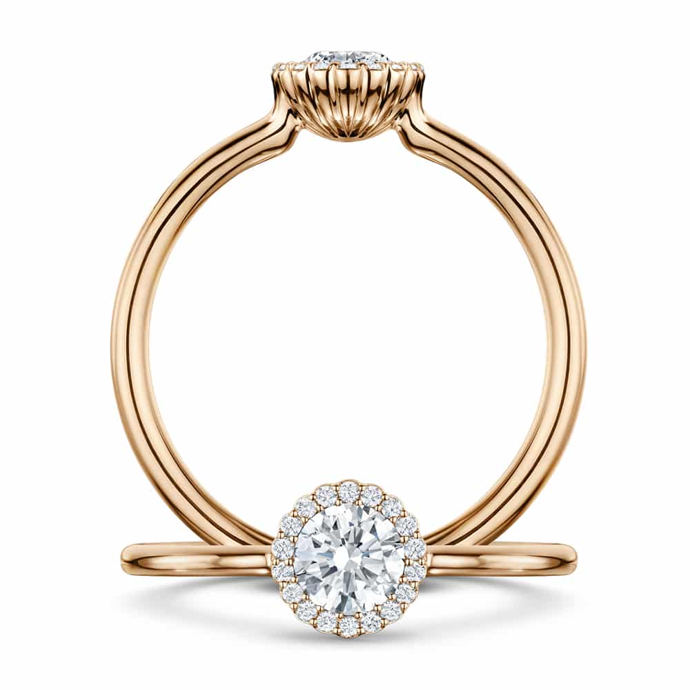 Cannelé diamond halo engagement ring in 18ct rose gold, front view