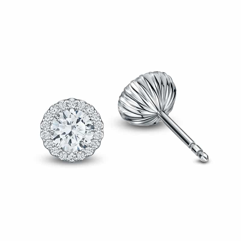 Cannelé diamond halo stud earrings in white gold, shown front and fluted reverse