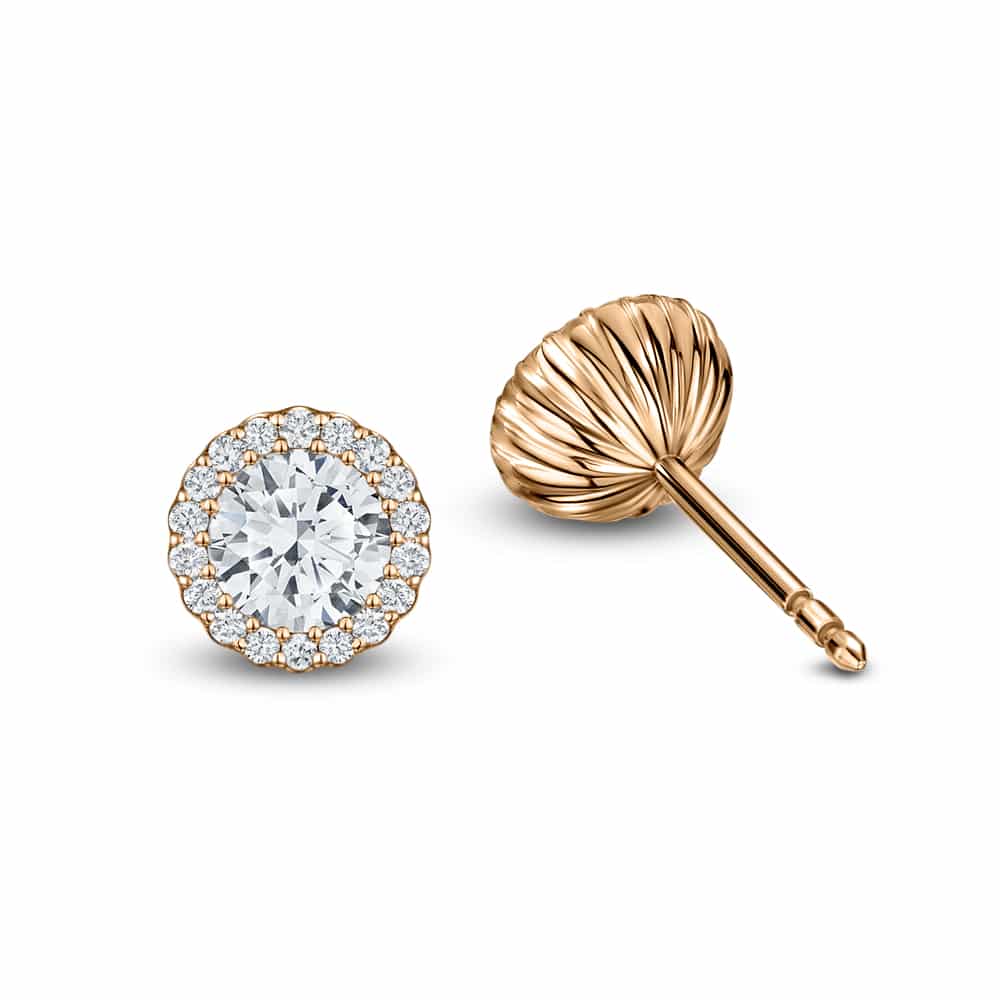 Cannelé diamond halo stud earrings in 18ct rose gold, front and fluted reverse