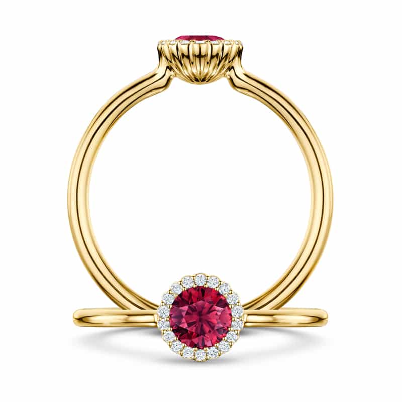 Cannelé engagement ring with a natural ruby centre and diamond halo