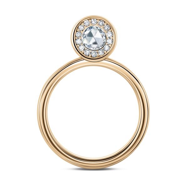 Emergence rose-cut diamond halo ring in 18ct rose gold, front view, by Andrew Geoghegan