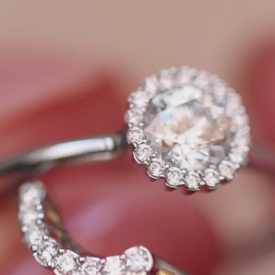 Cannelé diamond halo engagement ring by Andrew Geoghegan, shown with a matching Cannelé wedding band