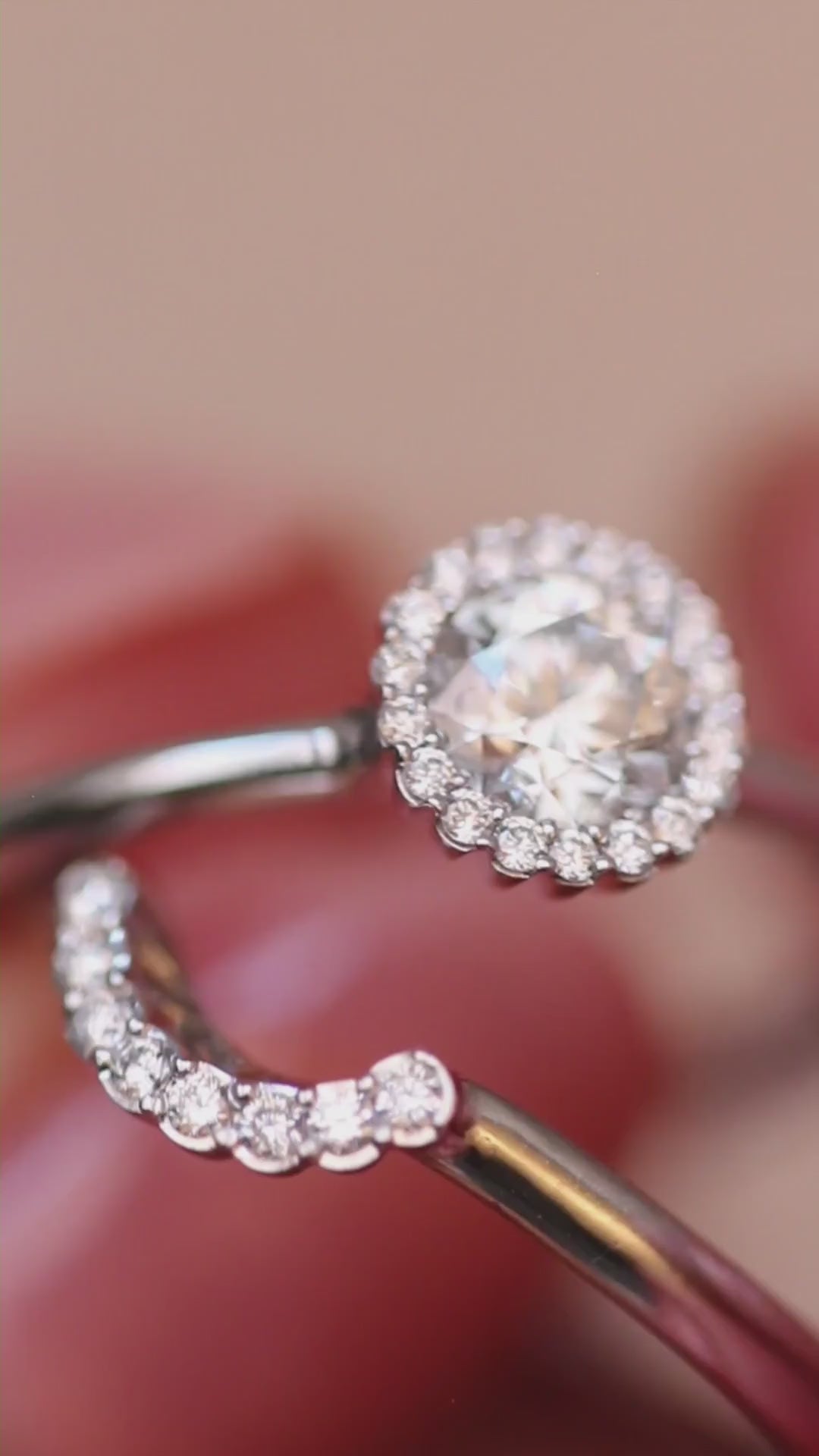 Cannelé diamond halo engagement ring by Andrew Geoghegan, shown with a matching Cannelé wedding band