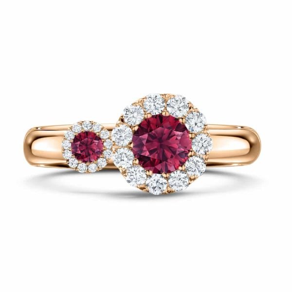 Satellite two-stone engagement ring with natural rubies and diamond halos