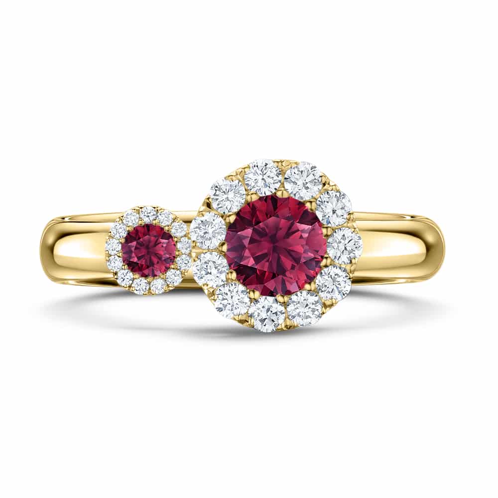 Satellite two-stone engagement ring with natural rubies and diamond halos