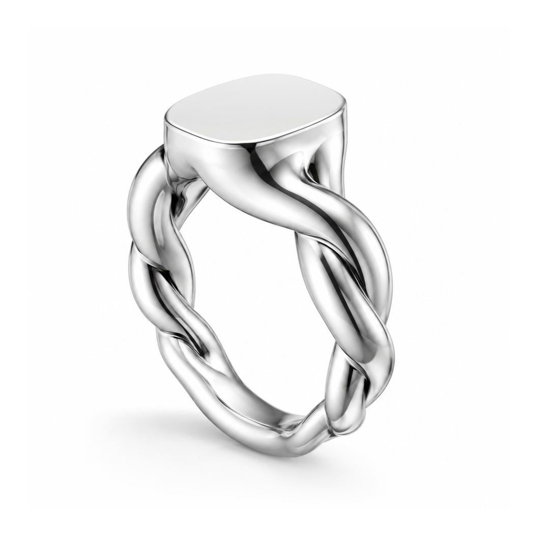Treowth Wunden I silver signet ring — 3/4 angled view showing signet face and twisted shank