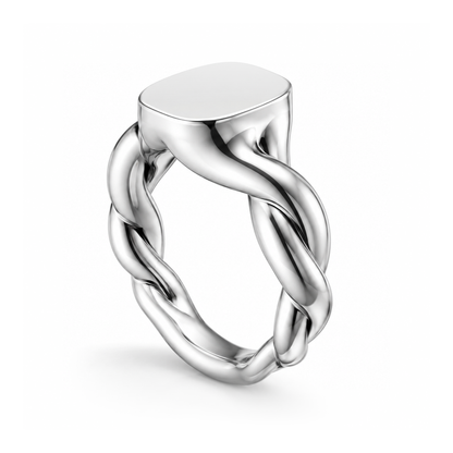 Treowth Wunden I silver signet ring — 3/4 angled view showing signet face and twisted shank