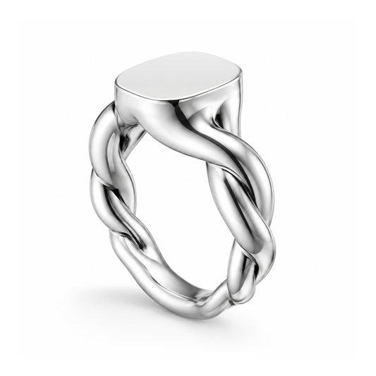 Treowth Wunden I silver signet ring — 3/4 angled view showing signet face and twisted shank