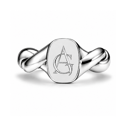 Treowth Wunden I silver signet ring with an AG monogram hand-engraved on the signet face