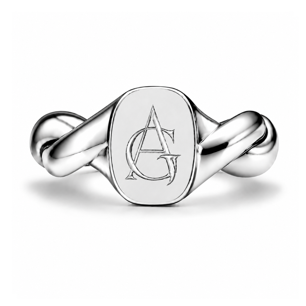 Treowth Wunden II silver signet ring with an AG monogram hand-engraved on the signet face