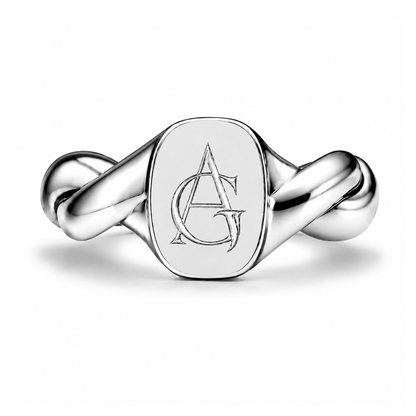 Treowth Wunden II silver signet ring with an AG monogram hand-engraved on the signet face