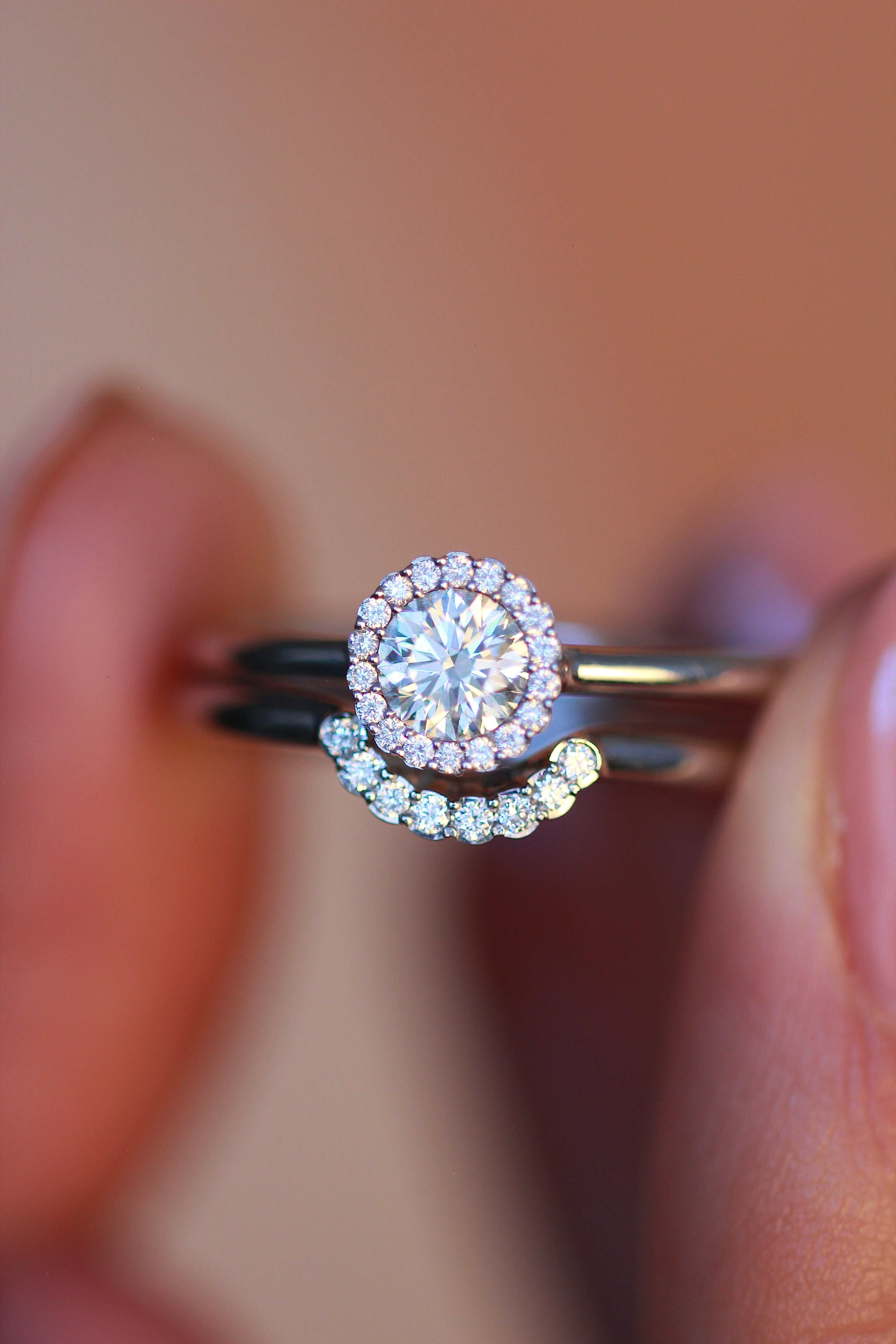 Cannelé diamond engagement ring and matching wedding ring, handcrafted in the UK