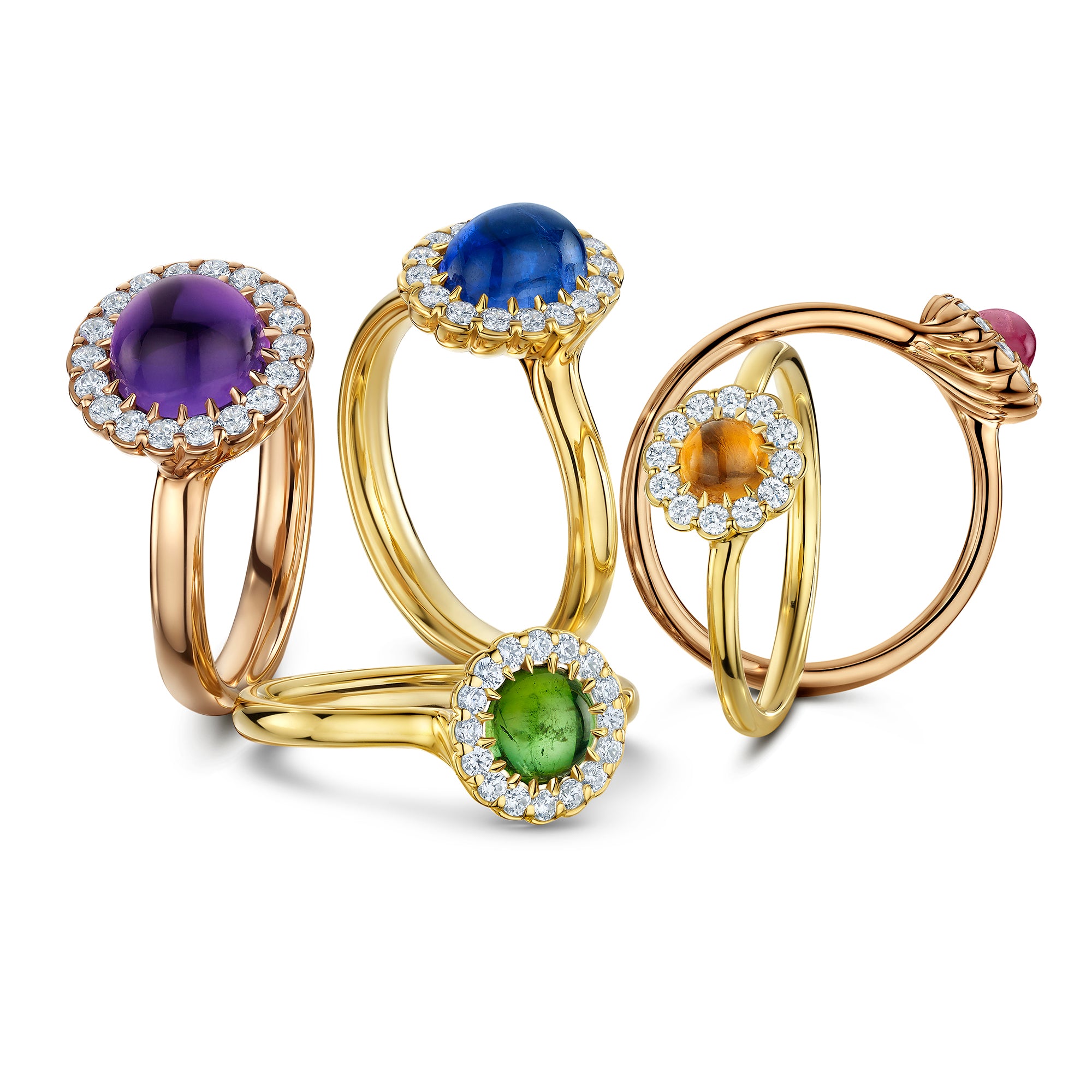 Five Andrew Geoghegan Cannelé Cabochon rings with smooth-domed purple, blue, pink, orange and green gemstones in yellow and rose gold