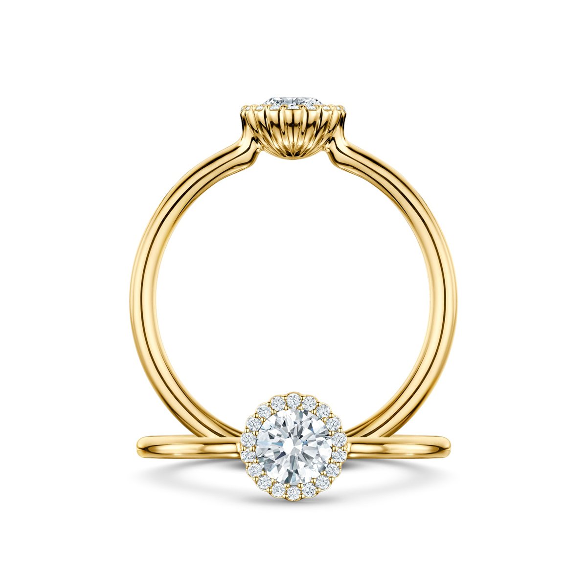 Cannele halo engagement ring by Andrew Geoghegan in 18ct yellow gold, handmade in Britain