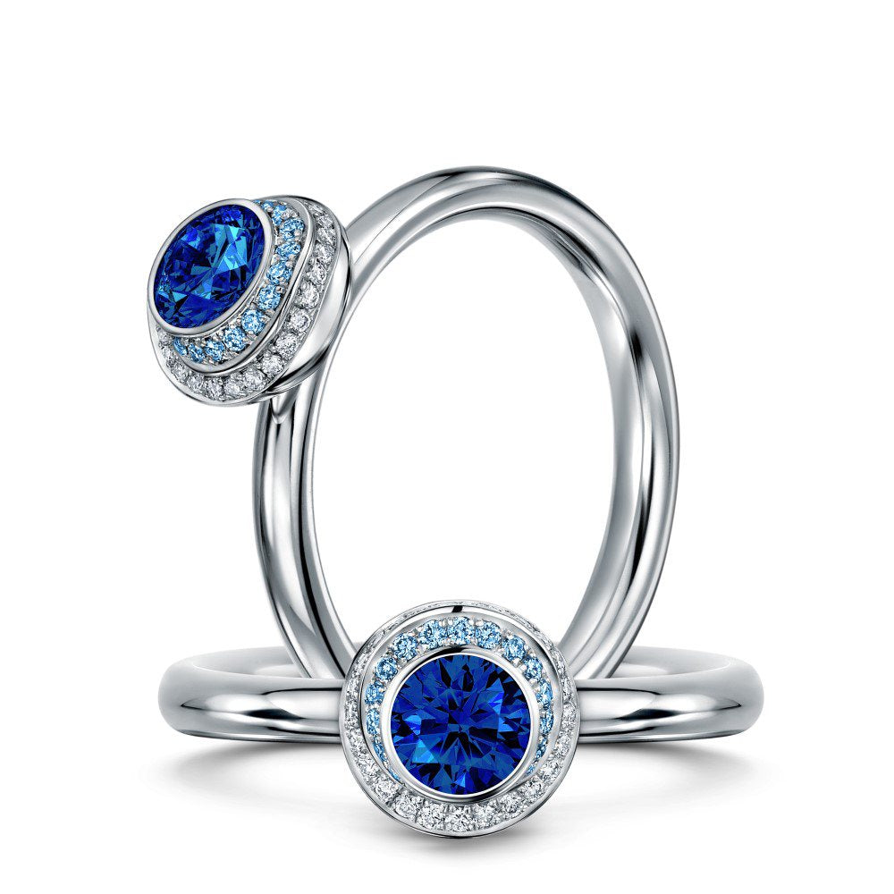 Clair de Lune double halo engagement ring by Andrew Geoghegan with coloured gemstones