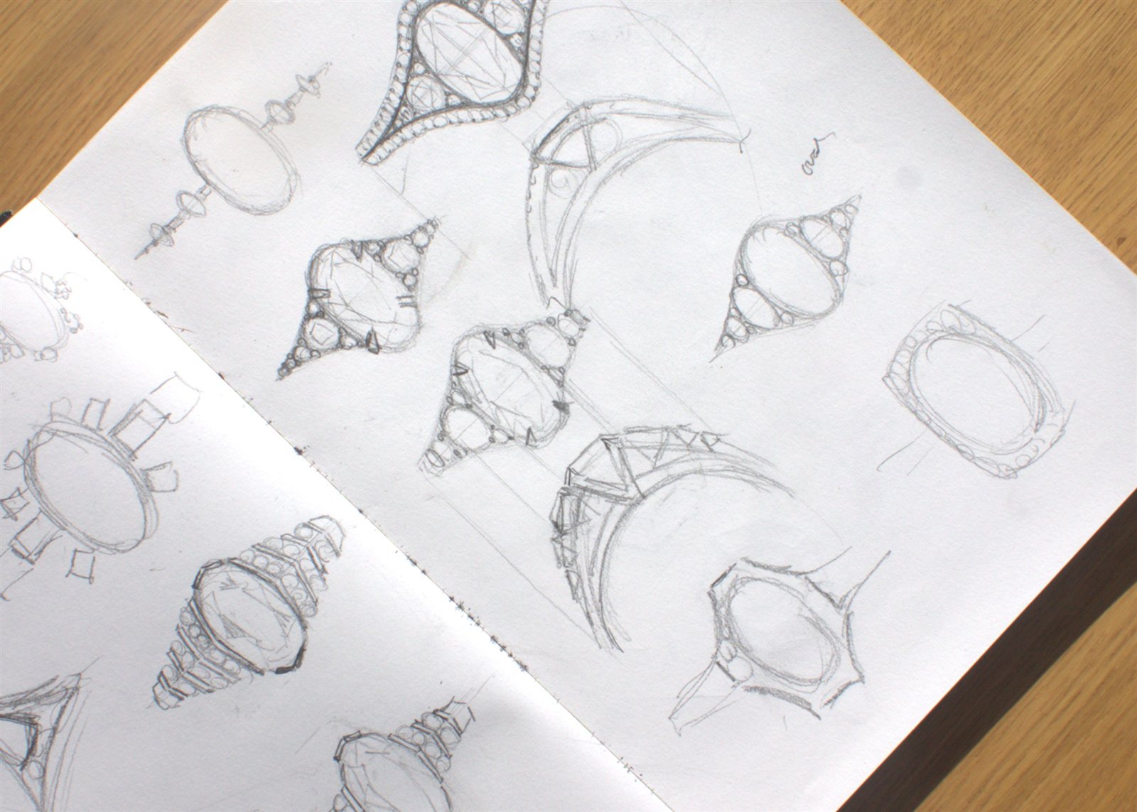 Andrew Geoghegan engagement ring design sketches in pencil, original drawings from the studio