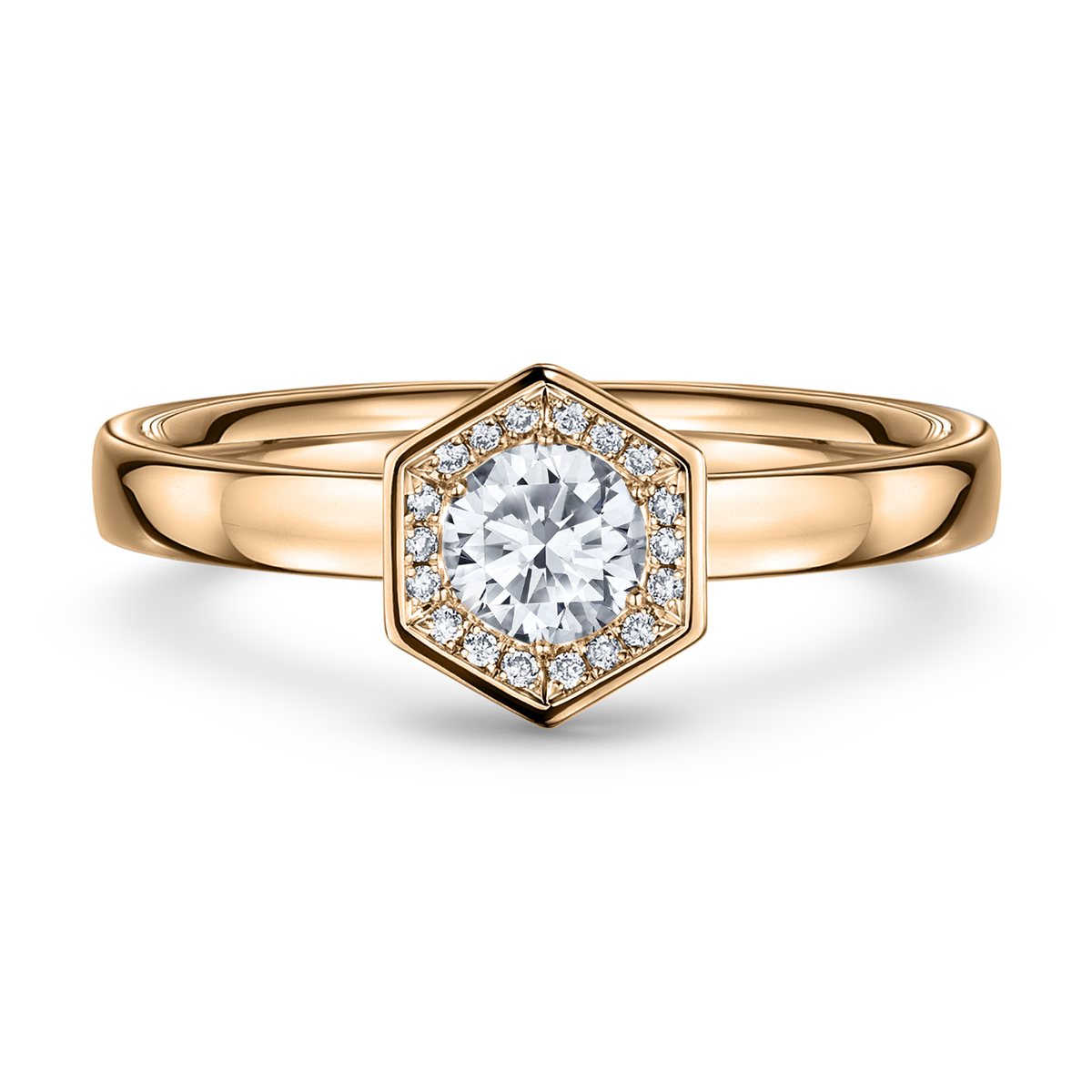 Chapiteau hexagonal halo engagement ring by Andrew Geoghegan in platinum, architectural design